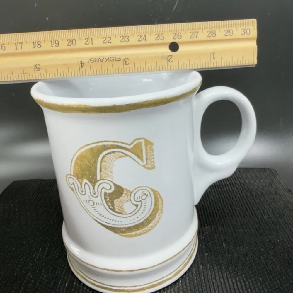 Williams Sonoma Brushed Gold Monogram Letter C Ceramic White Gold Coffee Mug Cup